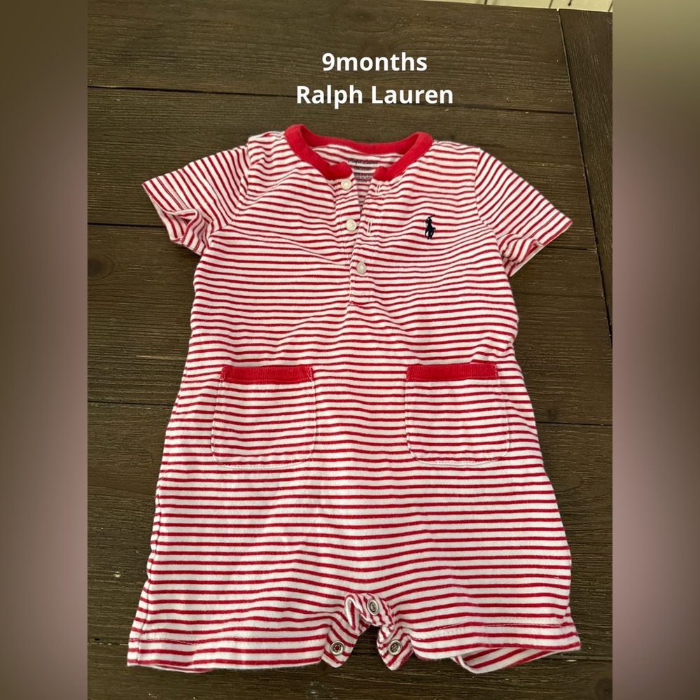 Ralph Lauren onesie red and white stripes. 9 months